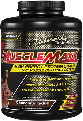 MuscleMaxx, High Energy + Muscle Building Protein, Chocolate Fudge, 5 lb (2.27 kg) ,المكملات الغذائية، بروتين مصل اللبن، تجريب