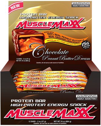MuscleMaxx, High-Protein Energy Snack, Chocolate Peanut Butter Dream, 12 Bars, 2 oz (57 g) Each ,والرياضة، والبروتين أشرطة
