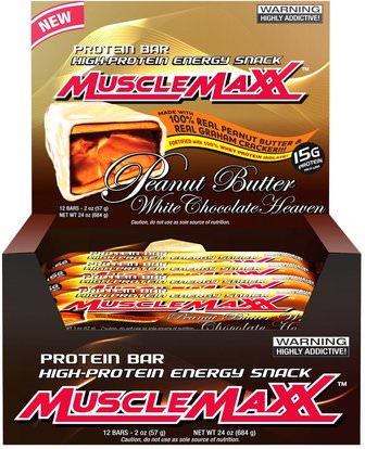 MuscleMaxx, High-Protein Energy Snack, Protein Bar, Peanut Butter White Chocolate Heaven, 12 Bars, 2 oz (57 g) ,والرياضة، والبروتين أشرطة