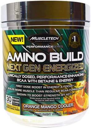 Muscletech, Amino Build Next Gen BCAA Formula With Betaine Energized, Orange Mango Cooler, 9.92 oz (281 g) ,المكملات الغذائية، والأحماض الأمينية، والرياضة، بكا (متفرعة سلسلة الأحماض الأمينية)