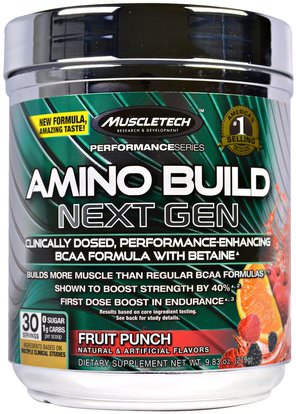 Muscletech, Amino Build Next Gen BCAA Formula With Betaine, Fruit Punch, 9.83 oz (279 g) ,المكملات الغذائية، والأحماض الأمينية، والرياضة، بكا (متفرعة سلسلة الأحماض الأمينية)