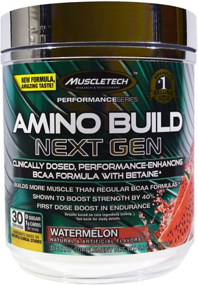 Muscletech, Amino Build Next Gen BCAA Formula With Betaine, Watermelon, 9.74 oz (276 g) ,المكملات الغذائية، والأحماض الأمينية، والرياضة، بكا (متفرعة سلسلة الأحماض الأمينية)