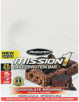 Muscletech, Mission1 Baked Protein Bar, Chocolate Brownie, 12 Bars, 2.12 oz (60 g) Each ,والرياضة، Mission1 أشرطة البروتين نظيفة