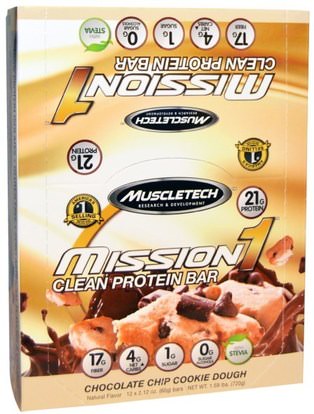 Muscletech, Mission1 Baked Protein Bar, Chocolate Chip Cookie Dough, 12 Bars, 2.12 oz (60 g) Each ,والرياضة، Mission1 أشرطة البروتين نظيفة