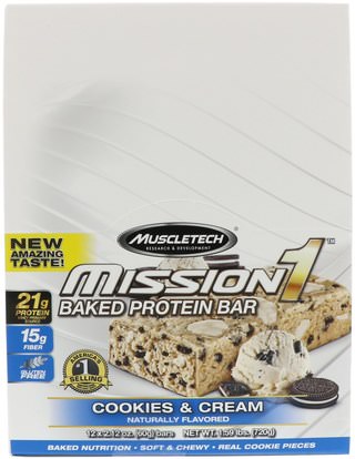 Muscletech, Mission1 Baked Protein Bar, Cookies & Cream, 12 Bars, 2.12 oz (60 g) Each ,والرياضة، Mission1 أشرطة البروتين نظيفة