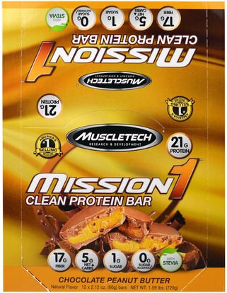 Muscletech, Mission1 Clean Protein Bar, Chocolate Peanut Butter, 12 Bars, 2.12 oz (60 g) Each ,المكملات الغذائية، البروتين، بروتين الرياضة، الرياضة