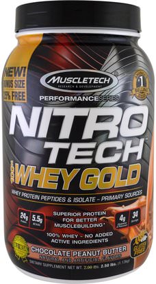Muscletech, Nitro Tech, 100% Whey Gold, Chocolate Peanut Butter, 2.50 lbs (1.13 kg) ,المكملات الغذائية، بروتين مصل اللبن، والرياضة