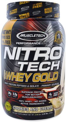 Muscletech, Nitro Tech, 100% Whey Gold, Cookies And Cream, 2.20 lbs (999 g) ,المكملات الغذائية، بروتين مصل اللبن، والرياضة