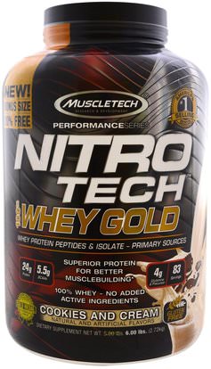 Muscletech, Nitro Tech 100% Whey Gold, Cookies and Cream, 5.53 lbs (2.51 kg) ,رياضات