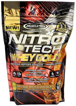 Muscletech, Nitro Tech 100% Whey Gold, Double Rich Chocolate, 1.00 lbs (454 g) ,المكملات الغذائية، بروتين مصل اللبن، والرياضة