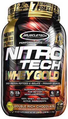 Muscletech, Nitro Tech, 100% Whey Gold, Double Rich Chocolate, 2.24 lbs (1.02 kg) ,الرياضة، مسليتيك نيترو التكنولوجيا