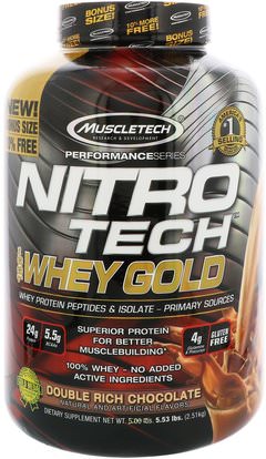 Muscletech, Nitro Tech, 100% Whey Gold, Double Rich Chocolate, 5.53 lbs (2.51 kg) ,والرياضة، والمكملات الغذائية، بروتين مصل اللبن