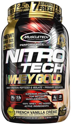 Muscletech, Nitro Tech, 100% Whey Gold, French Vanilla Creme, 2.20 lbs (999 g) ,الرياضة، مسليتيك نيترو التكنولوجيا