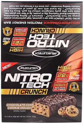 Muscletech, Nitro Tech Crunch Bars, Chocolate Chip Cookie Dough, 12 Bars, 2.29 oz (65 g) Each ,الرياضة بروتين، الرياضة، بروتين أشرطة