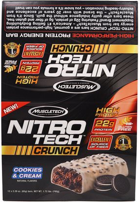 Muscletech, Nitro Tech Crunch Bars, Cookies & Cream, 12 Bars, 2.29 oz (65 g) Each ,الرياضة بروتين، الرياضة، بروتين أشرطة