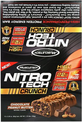 Muscletech, Nitro Tech Crunch Bars, Peanut Butter Chocolate, 12 Bars, 2.29 oz (65 g) Each ,الرياضة بروتين، الرياضة