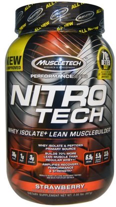 Muscletech, Nitro-Tech, Performance Series, Whey Isolate+ Lean Musclebuilder, Strawberry, 2 lbs (907 g) ,الرياضة، مسليتيك نيترو التكنولوجيا