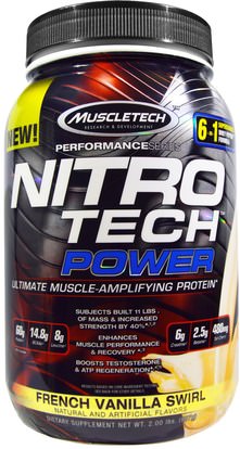 Muscletech, Nitro Tech Power, French Vanilla Swirl, 2 lbs (907 g) ,الرياضة، مسليتيك نيترو التكنولوجيا