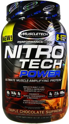Muscletech, Nitro Tech Power, Triple Chocolate Supreme, 2 lbs (907 g) ,الرياضة، مسليتيك نيترو التكنولوجيا