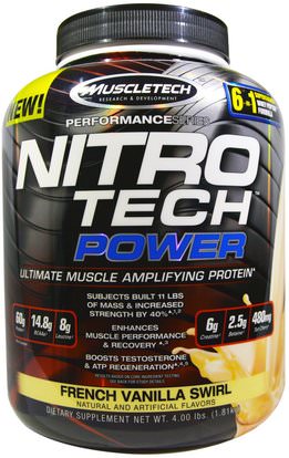 Muscletech, Nitro Tech Power, Ultimate Muscle Amplifying Protein, French Vanilla Swirl, 4.00 lbs (1.81 kg) ,الرياضة، مسليتيك نيترو التكنولوجيا