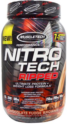 Muscletech, Nitro Tech, Ripped, Ultimate Protein + Weight Loss Formula, Chocolate Fudge Brownie, 2.00 lbs (907 g) ,وفقدان الوزن، والنظام الغذائي، مسليتيك نيترو التكنولوجيا