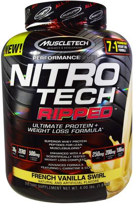 Muscletech, Nitro Tech, Ripped, Ultimate Protein + Weight Loss Formula, French Vanilla Swirl, 4.00 lbs (1.81 kg) ,وفقدان الوزن، والنظام الغذائي، مسليتيك نيترو التكنولوجيا