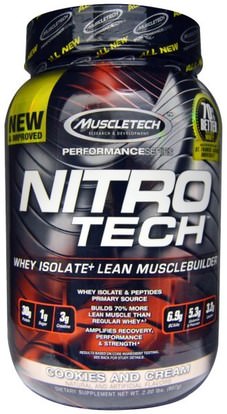 Muscletech, Nitro-Tech, Whey Isolate + Lean Muscle Builder, Cookies and Cream, 2.00 lbs (907 g) ,الرياضة، مسليتيك نيترو التكنولوجيا