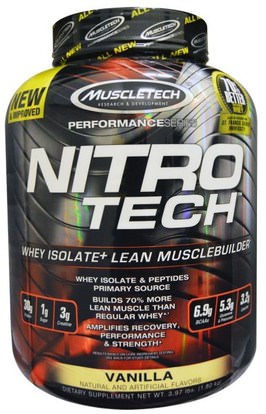 Muscletech, Nitro-Tech. Whey Isolate + Lean Muscle Builder, Vanilla, 3.97 lbs (1.8 kg) ,الرياضة، مسليتيك نيترو التكنولوجيا