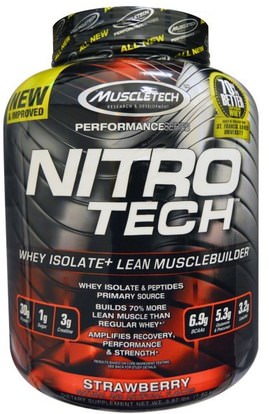 Muscletech, Nitro Tech, Whey Isolate + Lean Muscle, Strawberry, 3.97 lbs (1.80 kg) ,الرياضة، مسليتيك نيترو التكنولوجيا