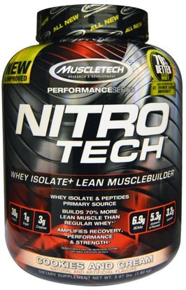 Muscletech, Nitro Tech, Whey Isolate + Lean Musclebuilder, Cookies and Cream, 3.97 lbs (1.80 kg) ,الرياضة، مسليتيك نيترو التكنولوجيا