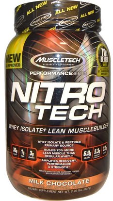 Muscletech, Nitro Tech, Whey Isolate+ Lean Musclebuilder, Milk Chocolate, 2.00 lbs (907 g) ,الرياضة، مسليتيك نيترو التكنولوجيا