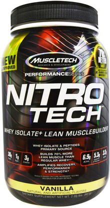 Muscletech, Nitro Tech, Whey Isolate+ Lean MuscleBuilder, Vanilla, 2.00 lbs (907 g) ,الرياضة، مسليتيك نيترو التكنولوجيا