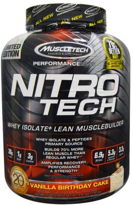 Muscletech, Nitro Tech, Whey Isolate+ Lean Musclebuilding, Vanilla Birthday Cake, 3.97 lbs (1.80 kg) ,الرياضة، مسليتيك نيترو التكنولوجيا