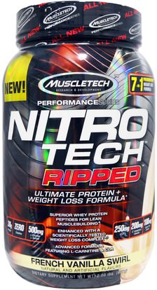 Muscletech, Nitrotech, Ripped, Ultimate Protein + Weight Loss Formula, French Vanilla Swirl, 2.00 lbs (907 g) ,وفقدان الوزن، والنظام الغذائي، مسليتيك نيترو التكنولوجيا