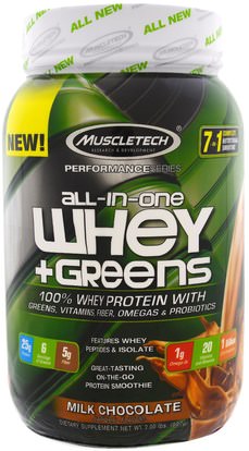 Muscletech, Performance Series, All-In-One Whey + Greens, Milk Chocolate, 2.00 lbs (907 g) ,رياضات