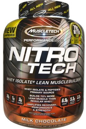 Muscletech, Performance Series, Nitro-Tech, Whey Isolate + Lean Musclebuilder, Milk Chocolate, 3.97 lbs (1.80 kg) ,الرياضة، مسليتيك نيترو التكنولوجيا