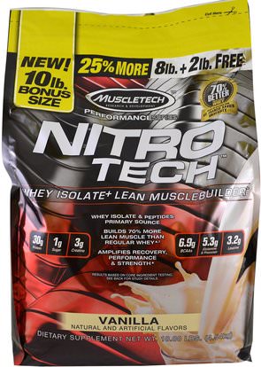 Muscletech, Performance Series, Nitro-Tech, Whey Isolate + Lean Musclebuilder, Vanilla, 10 lbs (4.54 kg) ,رياضات