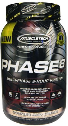 Muscletech, Performance Series, Phase8, Multi-Phase 8-Hour Protein, Cookies and Cream, 2.00 lbs (907 g) ,والرياضة، والرياضة