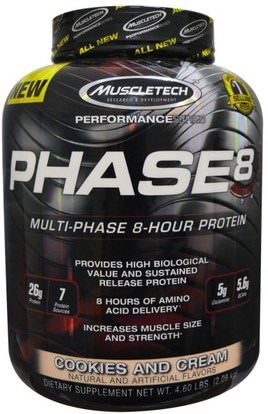 Muscletech, Performance Series, Phase8, Multi-Phase 8-Hour Protein, Cookies and Cream, 4.60 lbs (2.09 kg) ,والرياضة، والعضلات