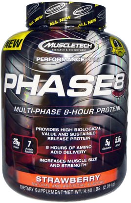 Muscletech, Performance Series, Phase8, Multi-Phase 8-Hour Protein, Strawberry, 4.60 lbs (2.09 kg) ,والرياضة، تجريب