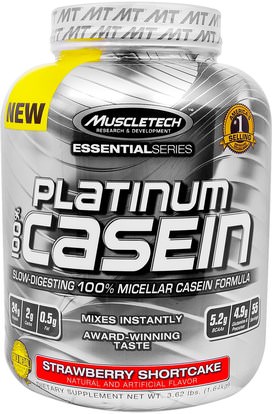 Muscletech, Platinum 100% Casein, Strawberry Shortcake, 3.62 lbs (1.64 kg) ,المكملات الغذائية، بروتين مصل اللبن، والرياضة