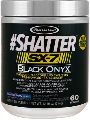 Muscletech, #Shatter, SX-7, Black Onyx, Pre-Workout, Blue Raspberry Blast, 12.49 oz (354 g) ,والصحة، والطاقة، والرياضة