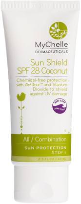 MyChelle Dermaceuticals, Sun Shield Coconut, SPF 28, All / Combination, Sun Protection, Step 6, 2.3 fl oz (68 ml) ,حمام، الجمال، واقي من الشمس، سف 05-25، العناية بالوجه، والجلد