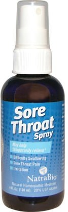 NatraBio, Sore Throat Spray, Temporarily Relieve, 4 fl oz (120 ml) ,والصحة، والانفلونزا الباردة والفيروسية، ورذاذ الرعاية الحلق