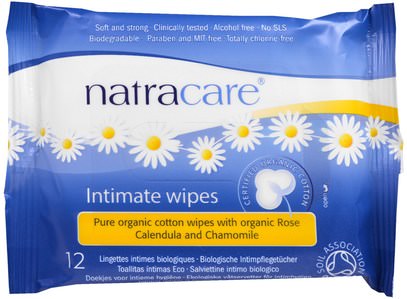 Natracare, Certified Organic Cotton Intimate Wipes, 12 Wipes ,حمام، الجمال، المرأة، خاص بالنظافة، هيجين