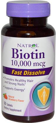Natrol, Biotin, Natural Strawberry Flavor, 10,000 mcg, 60 Tablets ,الفيتامينات، فيتامين ب، البيوتين