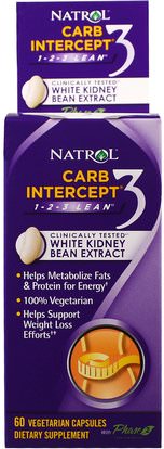 Natrol, Carb Intercept 3, 60 Veggie Caps ,والمكملات الغذائية، والفاصوليا البيضاء استخراج الكلى المرحلة 2، والصحة، والنظام الغذائي