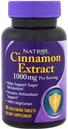 Natrol, Cinnamon Extract, 1,000 mg, 80 Veggie Tabs ,الأعشاب، القرفة استخراج
