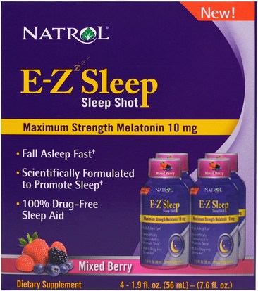 Natrol, E-Z Sleep, Sleep Shot, Maximum Strength Melatonin, Mixed Berry, 4 Pack, 1.9 oz (56 ml) ,والمكملات الغذائية، والنوم، الميلاتونين