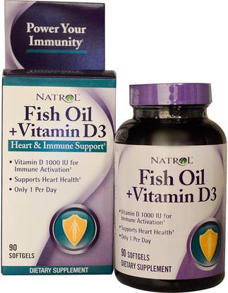 Natrol, Fish Oil + Vitamin D3, Heart & Immune Support, 90 Softgels ,المكملات الغذائية، إيفا أوميجا 3 6 9 (إيبا دا)، زيت السمك، سوفتغيلس زيت السمك